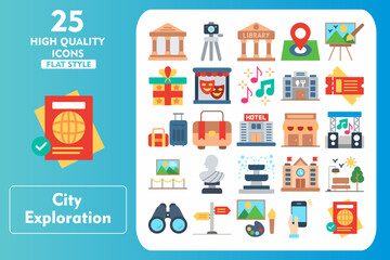 Fototapeta premium City Exploration Flat Icon Set. Incleded Icons Monument, Suitcase, City Hall, Park, Binoculars, Street Sign, Art, Selfie, Passport, Camera Stand. Vector Icons Collection