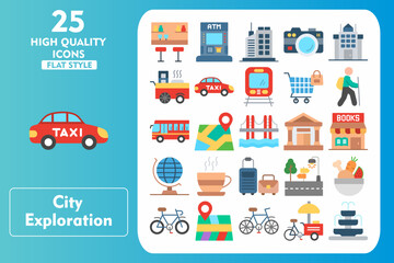 Naklejka premium City Exploration Flat Icon Set. Incleded Icons Bar, Atm, Skyscraper, Camera, Tower, Street Food, Taxi, Metro, Shopping, Tourist, Bus, Map, Bridge. Vector Icons Collection
