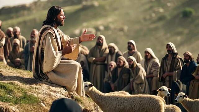 Jesus preaching to the crowd by parables on the mountain in the midst of nature