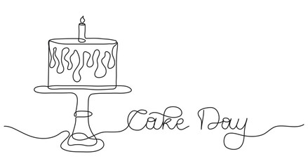 International Cake Day words in continuous one line art style. Minimalist black drawing on white background. Hand drawn quote with editable stroke. Outline handwritten script. Dessert, Sweet pastries.