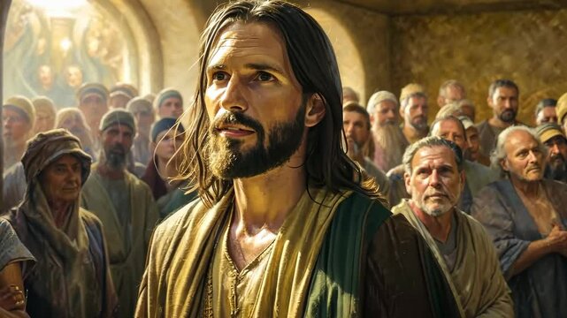 Jesus Christ teaching and preaching in a synagogue