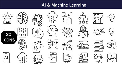 AI Icons, Machine Learning Symbols & Neural Network Graphics for UX UI Designers, Developers, and Tech Brands, 30 Minimalist Line Art Illustrations for Digital Projects