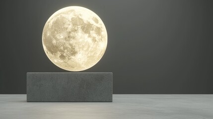 A large, bright, full moon is displayed on a gray platform against a dark gray background.
