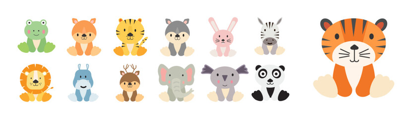 Cute cartoon animal bundle with frog, fox, tiger, wolf, rabbit, zebra, lion, hippo, deer, elephant, koala, and panda