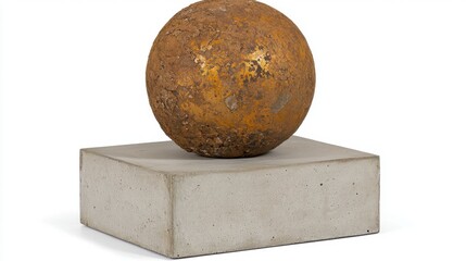 A rusted sphere rests on a concrete block.