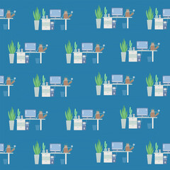 Seamless pattern. Humorous vector illustration of a mischievous cat sitting on a desk, biting a computer wire and getting a small electric shock with sparks flying.