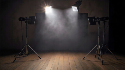 Empty film studio or stage, spotlights, smoke, haze, moody wooden floor, dramatic illumination, cinematic set for show or photoshoot