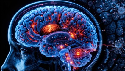 A detailed anatomical illustration of a human brain.