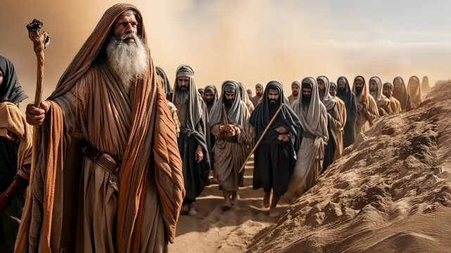 A prophet of God with the people of Israel in the desert crossing the Red Sea