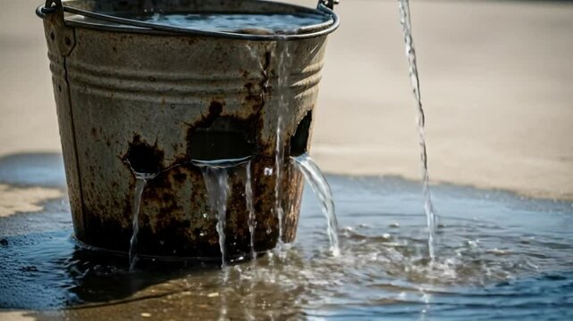 A leaky bucket being filled with water from a hose, with water spilling onto the ground around it
