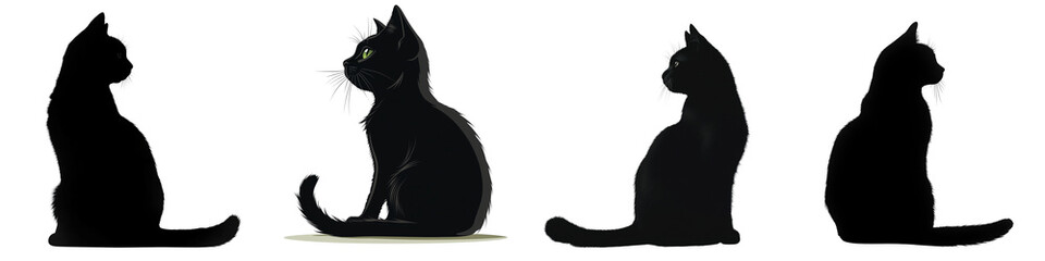 set of Black cat silhouette, in clip art style, black cat silhouette, in art style, black cat outline, in art light, black cat shape in art yard, black cat shadow, on a transparent backgrounds