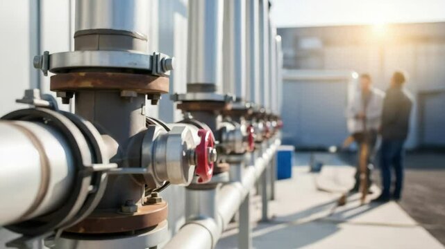 Industrial piping system close up view. Shiny metal pipes and valves on rooftop. Two engineers discuss project near industrial pipes.  Industrial system image for manufacturing plant brochure.