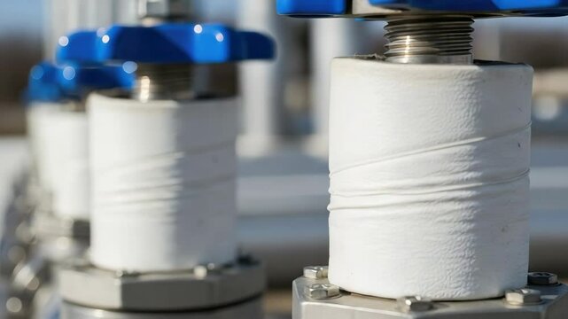 Industrial pipeline valves with white insulation close-up. Modern pipeline system components with protective thermal insulation. Image suitable for industrial design projects related to energy product