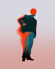 Figure in suit and trousers with red glow on head and blue glow on lower body, against gradient...