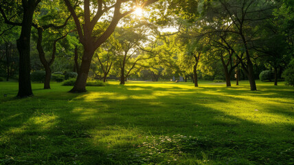 Fototapeta premium Green park with trees and sunlight. Useful for articles about nature and ecology.