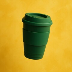 A close-up of a green reusable coffee cup, isolated