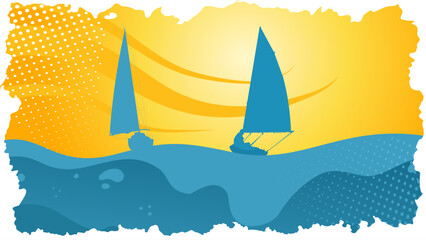 Naklejka premium Sailboats on the Sea on a Summer Day, Vacation — Background, Banner, Template — Vintage Style Vector Illustration