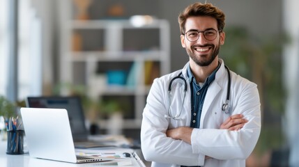 Smiling male doctor in a modern office, demonstrating professionalism and approachability in healthcare.