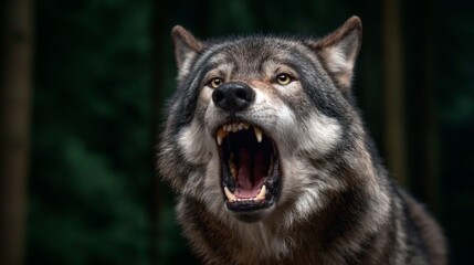 Obraz premium An aggressive wolf with bared teeth and intense expression in a forest setting