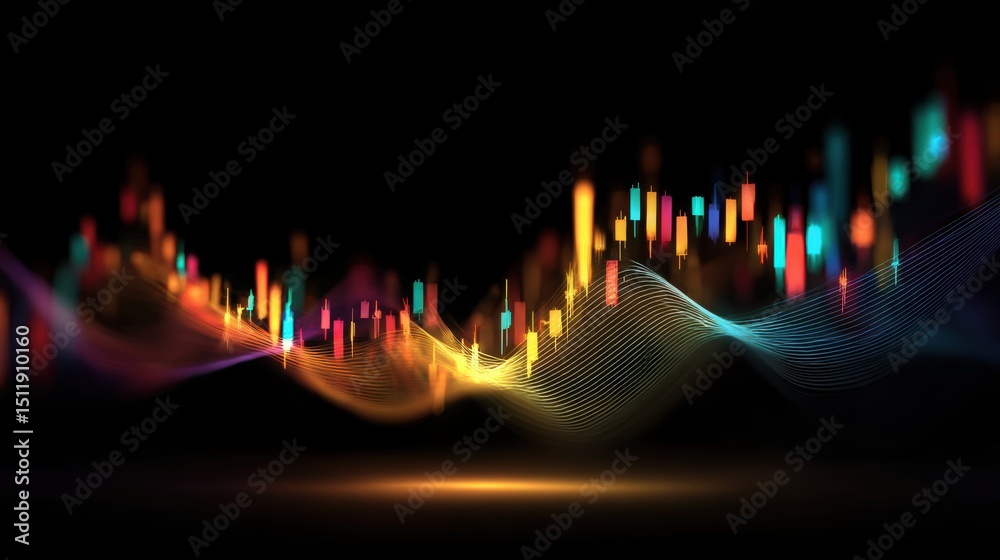 Wall mural vibrant digital abstract representing data trends with colorful waves and lights on a dark backgroun