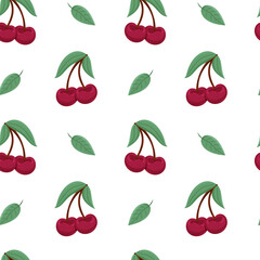 Cherry pattern design with green leaves on a white background