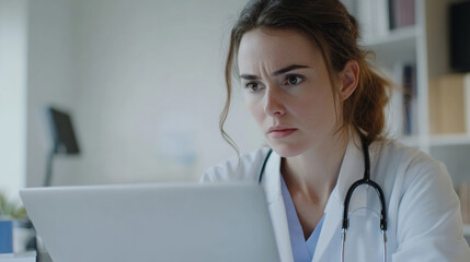 Focused female doctor working on laptop in hospital office: analyzing patient data with concerned expression