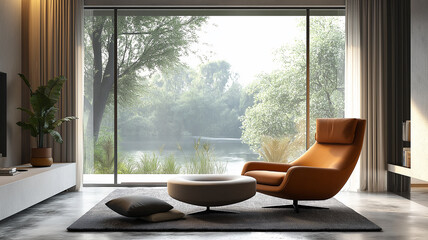 Fototapeta premium Modern Living Room Concept Featuring Sleek Furniture and Cozy Armchair, 3D Visualization