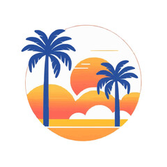 Tropical beach scene illustration with two palm trees in front of an orange sunset, creating a tranquil and inviting vibe