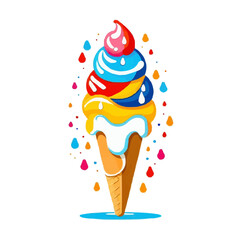 A colorful and cheerful ice cream cone. The ice cream is dripping down the side of the cone. With its vibrant colors and playful design.