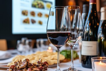 Naklejka premium A glass of red wine is placed on a table set for a meal with bottles and food in the background