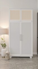 A white cabinet with a white door and a white handle