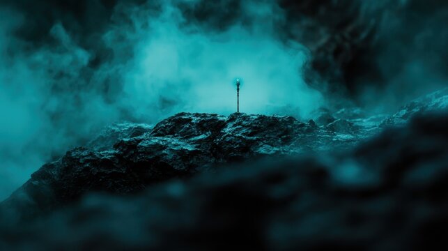 A lone, glowing blue light stands on a dark, rocky cliff.