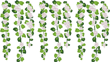 Cascading floral vines with light pink blossoms and green leaves on a white background pattern design