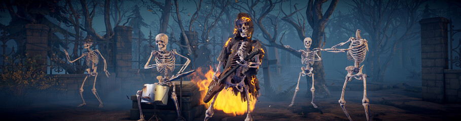 Halloween party: creepy skeleton band playing rock. Scary skeleton in burning robe playing guitar.