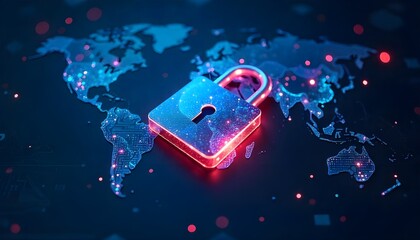 Global Cybersecurity Concept with Lock on Digital World Map Illustration

