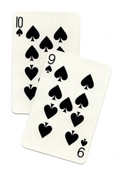 A pair of playing cards in the suit of spades isolated on a white background.
