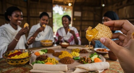 Traditional Ethiopian cuisine served on a large platter with women eating
