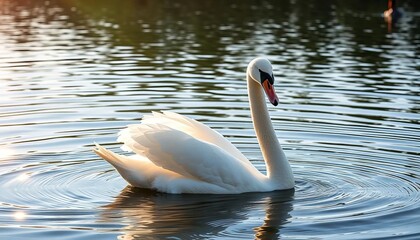 Graceful white swan gliding on serene lake, sunlight reflecting on feathers,  floating,  scene