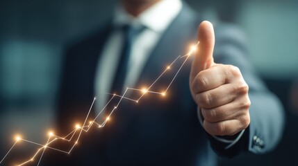 A businessman gives a thumbs up sign with a background graph indicating positive trends and growth in the market.