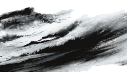 Gray-scale image of a vast, turbulent cloud formation