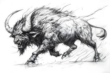 Pencil drawing of angry, fierce and fierce buffalo, side view, white background	