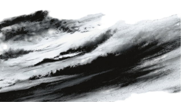 Gray-scale image of a vast, turbulent cloud formation