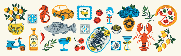 La Dolce Vita set. Bright hand-drawn vector. Italian summer life. Amalfi, Sicily, Positano coast. Lemons, wine, food, scooter, car, tile, retro vibe. Great for prints, posters, cards, stickers, decor.