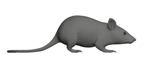 A gray mouse is shown in a white background. The mouse is drawn in a very realistic style, with attention to detail in its fur and features. Concept of calm and stillness. Side view. 3D