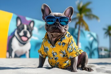 A relaxed dark grey French bulldog wearing a yellow floral shirt and shorts, blue sunglasses, sitting casually on the beach with a colorful mural of the same dark grey French bulldog in the background