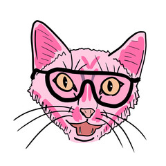 Weird pink funny cat. Hand-drawn cat portrait. PNG graphic on transparent background.