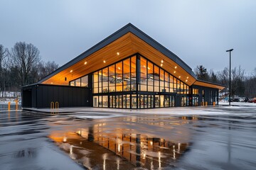 Obraz premium Modern commercial building with large glass windows and warm interior lighting