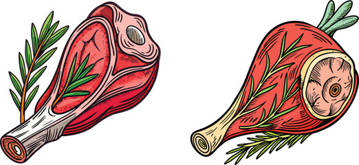 Delicious raw meat cuts with rosemary garnish ready for cooking a perfect meal barbecue vector design element