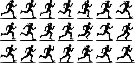 Silhouettes of running women arranged in three rows, each figure evenly spaced and not touching each other, set against a plain white background