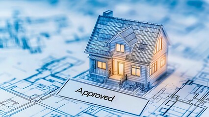 An approved home construction blueprint showing scale model of house, symbolizing a successful real estate project